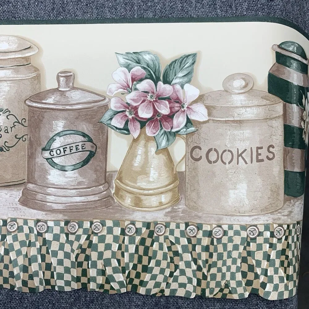 Vintage Border Country Kitchen Cannister Set on Hutch Shelf Coffee Tea Cookies